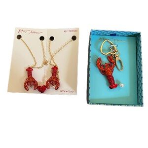 Lot of 2 Betsey Johnson Friends Crystal Lobster Necklace & Key fob Bag Charm!